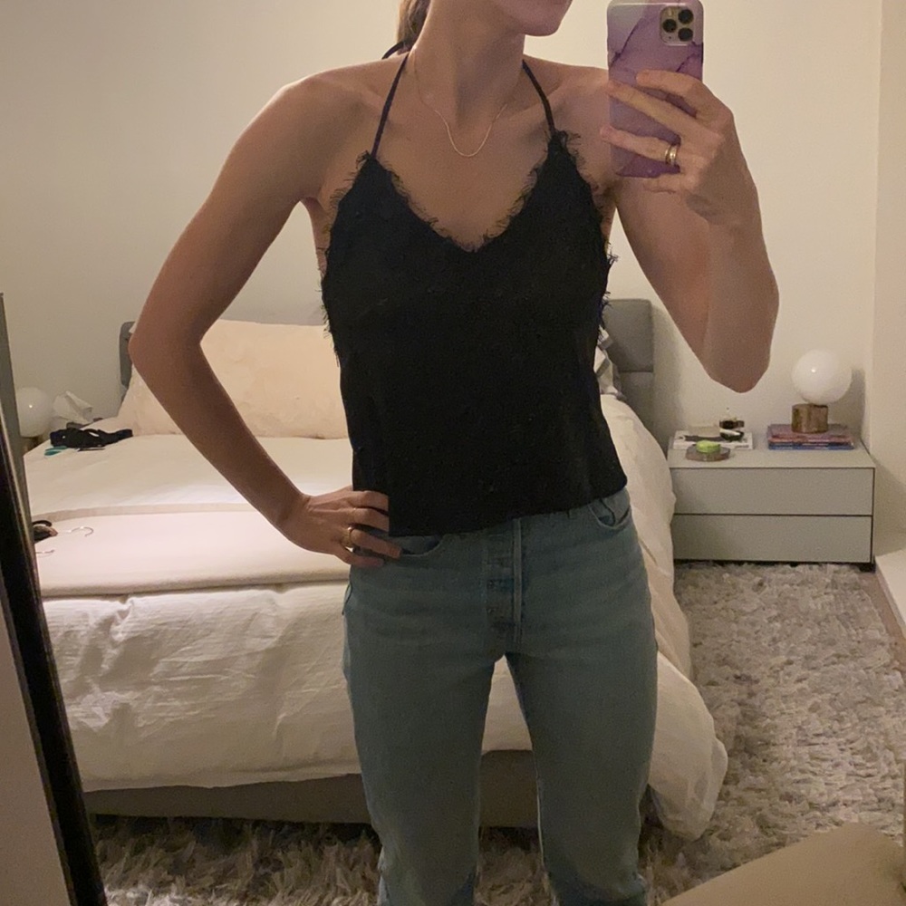 Black halter top with fringe trim